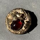 Antique Red Glass Brooch Round Victorian Pin C Catch