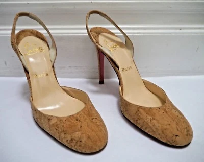 CHRISTIAN LOUBOUTIN желтовато-коричневый натуральный пробки слинга каблуки туфли Евро 38 носить один раз - Изображение 1 из 4