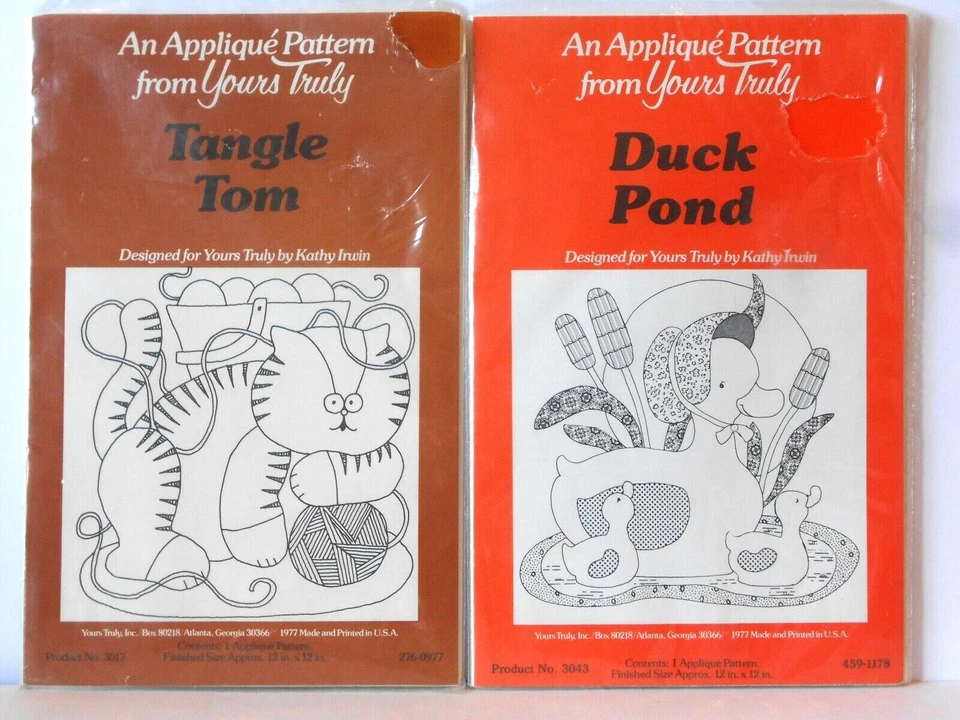 PATTERNS #3017 & #3043 YOURS TRULY Applique "TANGLE TOM" CAT & "DUCK POND" NIP! — 第 1/1 张图片