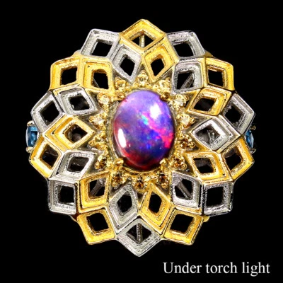 925 Anello Argento Sterling Ovale Nero Opale Zaffiro Naturale Gemma Gioielli - Immagine 1 di 4