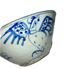 vintage blue gray Taiwanese rooster Qing stoneware bowl  9" x 4" - as is
