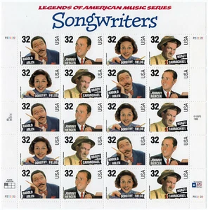 Scott #3103a (3100-3103) Songwriters - 32¢ Stamp Sheet of 20 Stamps - MNH - Picture 1 of 2