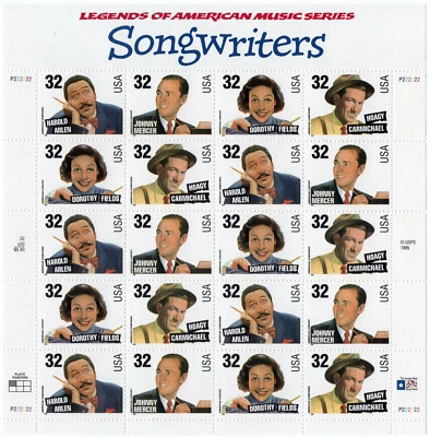 Scott #3103a (3100-3103) Songwriters - 32¢ Stamp Sheet of 20 Stamps - MNH - Image 1 of 2