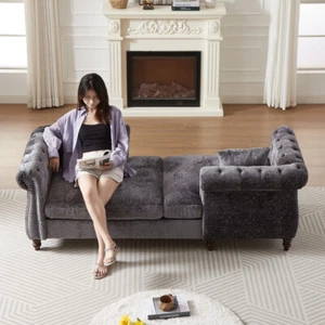 81-inch Chenille Face-to-face Chaise Lounge with Two Pillows,Nailhead trim,Butto - Picture 1 of 84