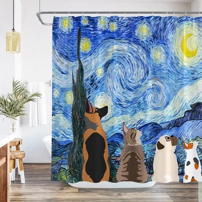 Cortina de Ducha Noche Estrellada 70x70 Divertida Animal Perro Gato Reloj Vista Nocturna Foto 1 de 4