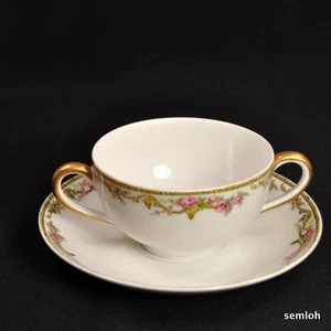 Limoges T&V Cream Soup & Saucer Bouillon 2 Handled Pink Rose Garland w/Gold 1907 - Picture 1 of 12