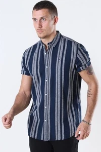 Clean Cut Copenhagen L Linen Rich Short Sleeve Navy & Grey Striped Shirt - Picture 1 of 10