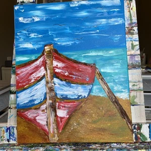 Boat,seascape,sea,sailboat 16/20 Original Painting On Canvas, - Picture 1 of 15