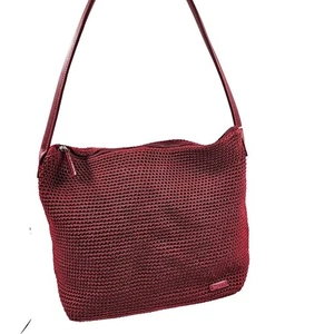 The Sak rot gewebt gehäkelt Schultertasche Handtasche Lederriemen 12"x10"x6" Vintage - Bild 1 von 13