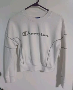 Champion Reflective Trim Brand Spellout Junior Small White Pullover Sweatshirt - Picture 1 of 8