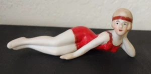 Vintage Bathing Beauty Red Swimsuit Lounging Girl Woman Porcelain Figurine Japan - Picture 1 of 10