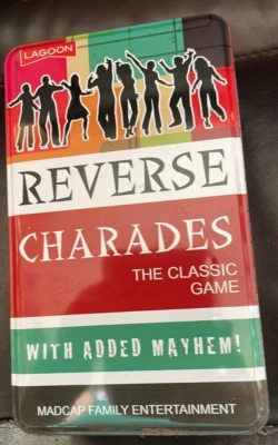REVERSE CHARADES THE CLASSIC GAME WITH ADDED MAYHEM FOR AGES 8+ IN A STORAGE TIN - Image 1 of 3