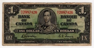 1937 BANK OF CANADA ONE 1 DOLLAR BANK NOTE EL 2987426 NICE BILL GORDON - Picture 1 of 2