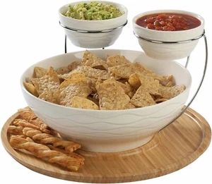 CreativeWare Wine & Dine Ceramic Serving Set w/Bamboo Tray (Cocktail Party) - Picture 1 of 6