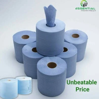 ESSENTIAL 80m Blue Centre Feed Rolls 2 Ply Embossed Wiper Paper Hand Towel Catering