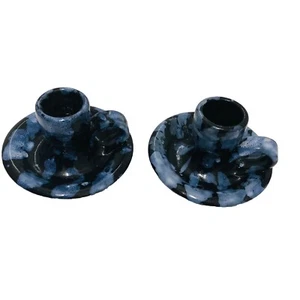 2 Vintage Pottery Blue /Black Drip Splatter Candle Holders - Picture 1 of 4