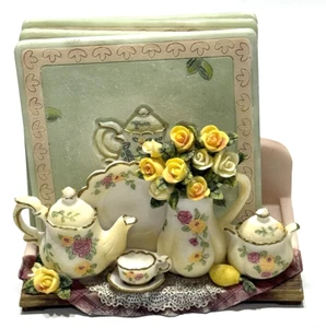 Vintage “Tea & Flowers” 4 Coasters Set & Holder 3.5"x3.5" squares Cork Bottoms - Picture 1 of 9