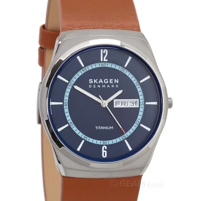 SKAGEN Melbye Mens Titanium Watch, Blue Dial w/ Day & Date, Brown Leather Band - Image 1 of 4