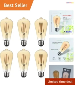 Edison Light Bulb E27 - Pack of 6, 6W Vintage LED Amber Glass, Warm White 2700K - Picture 1 of 15