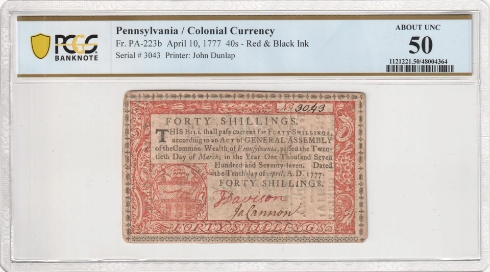 Pennsylvania April 10, 1777 40 Shillings Red & Black PA-223b -PCGS ABOUT UNC 50 - Image 1 of 2