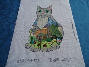 English Kitty Handpainted Needlepoint Kitty/English Cottage by Carolyn Barrani - Picture 1 of 6