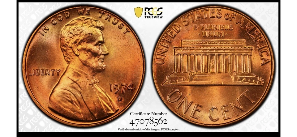 1974-D  Lincoln Memorial Cent PCGS MS66RD with True View 47078562 - Image 1 of 1