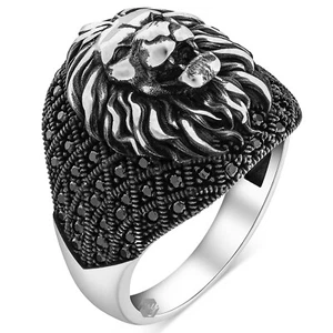 Solid 925 Sterling Silver Black Micro Stone Wild Lion Men's Ring - Picture 1 of 4