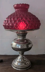 Rayo vernickelt Öl Center Draft umgebaute elektrische Lampe Cranberry Glasplatte - Bild 1 von 15