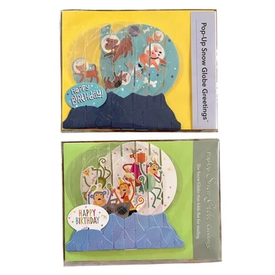 2 Pop-Up Snow Globe Greetings Happy Birthday Cards - Monkey & Space Dogs Kids - Image 1 of 4