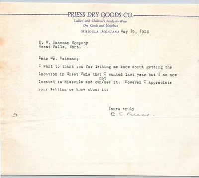 Priess Dry Goods Co. Ready-to-Wear Clothes Missoula, MT 1926 TLS Letterhead Foto 1 de 2