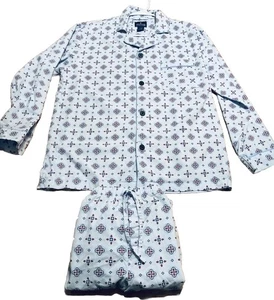 Stafford Baumwolle Blau 2 Teilig Langarm Pyjama Set Große Retro Fliesen Gummizug - Bild 1 von 19