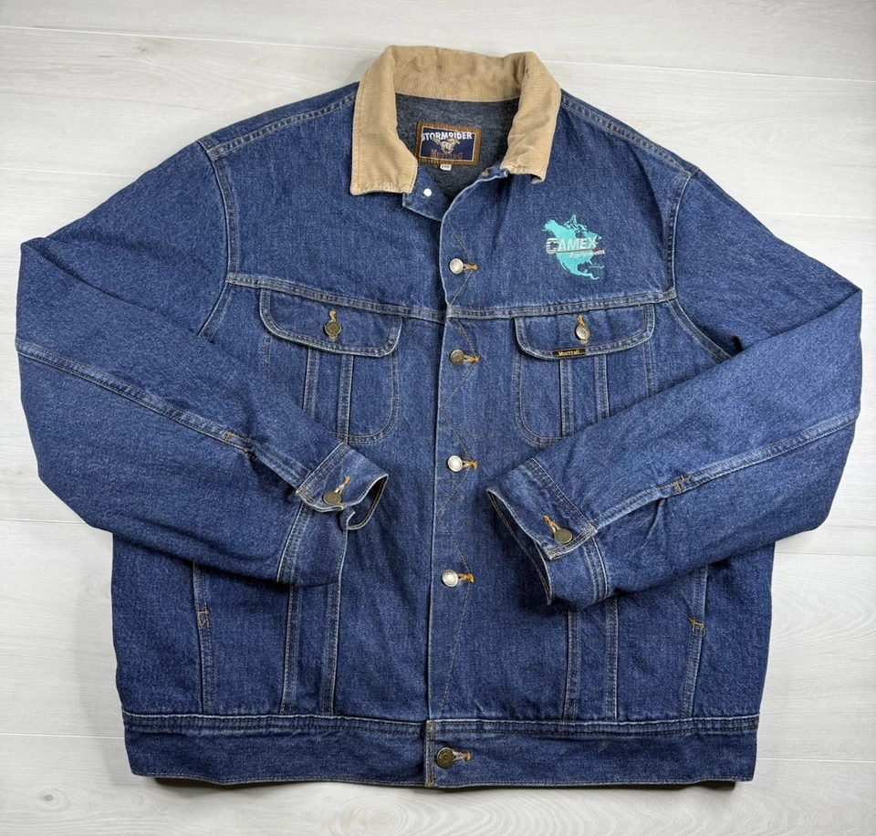 Vtg Mustang Storm Rider Denim Trucker Jacket Blanket Lined Corduroy Collar 2XL - Image 1 of 4
