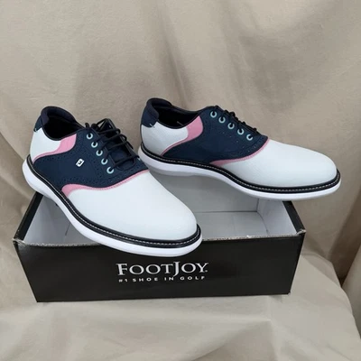 Zapatos de golf FootJoy Traditions para hombre 11M blanco/azul marino/rosa de cuero impermeables Foto 1 de 4