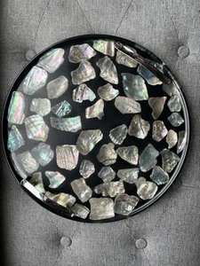 VTG MCM Mid Century Round Lucite Abalone Shell Black Tray w Metal Handles 14"x1” - Picture 1 of 9