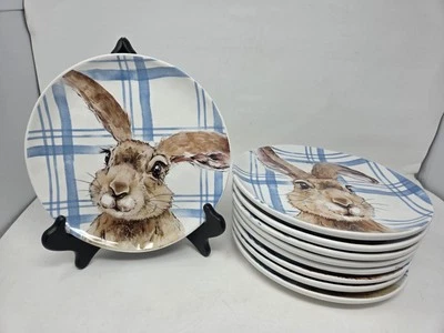 9 platos Henry Bunny Pier 1 azul/blanco a cuadros 8 7/8" Foto 1 de 4