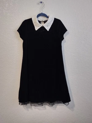 Knit Works Black Velvet Girls Dress Size 10 White Pearl Lace Collar Holiday Gems - Image 1 of 4