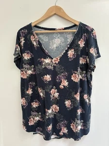 24/7 Maurices Damen Blumen Knopf durchsichtig Viskose V-Ausschnitt Kurzarm Shirt marineblau XL - Bild 1 von 5