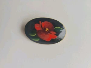 Hand-painted Laquer Brooch Lapel Pin Red Poppy Flower For Remembrance Signed - Picture 1 of 3