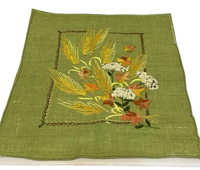 Vtg MCM Wheat Spray Embroidered 14x18 Granny Core Avocado Green LeeWards 70s - Image 1 of 4