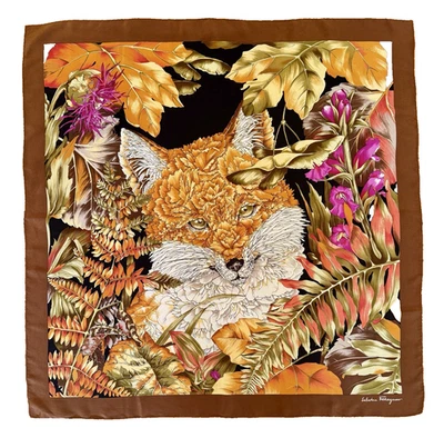 Vtg SALVATORE FERRAGAMO Large 100% SILK SCARF Fox in Ferns + Flowers ITALY 34x34 - Image 1 of 4