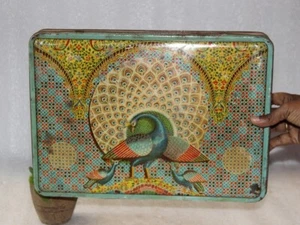 Vintage PISTA BADAM Biscuits Print Peacock Litho Empty Tin Box 13863 - Picture 1 of 9