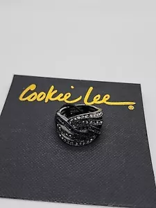 Cookie Lee Adjustable Ring 6 To 11 Black Clear Rhinestones - Picture 1 of 11