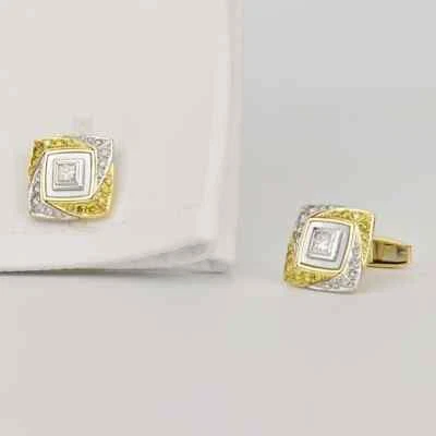 One Of A Kind Cushion Shape 925 Two Tone Silver Men's Cufflinks With Clear CZ - Image 1 of 4