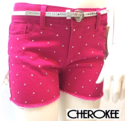 Cherokee Girls Vivid Pink Studded Belted Denim Shorts Size Large 10/12 - Image 1 of 4