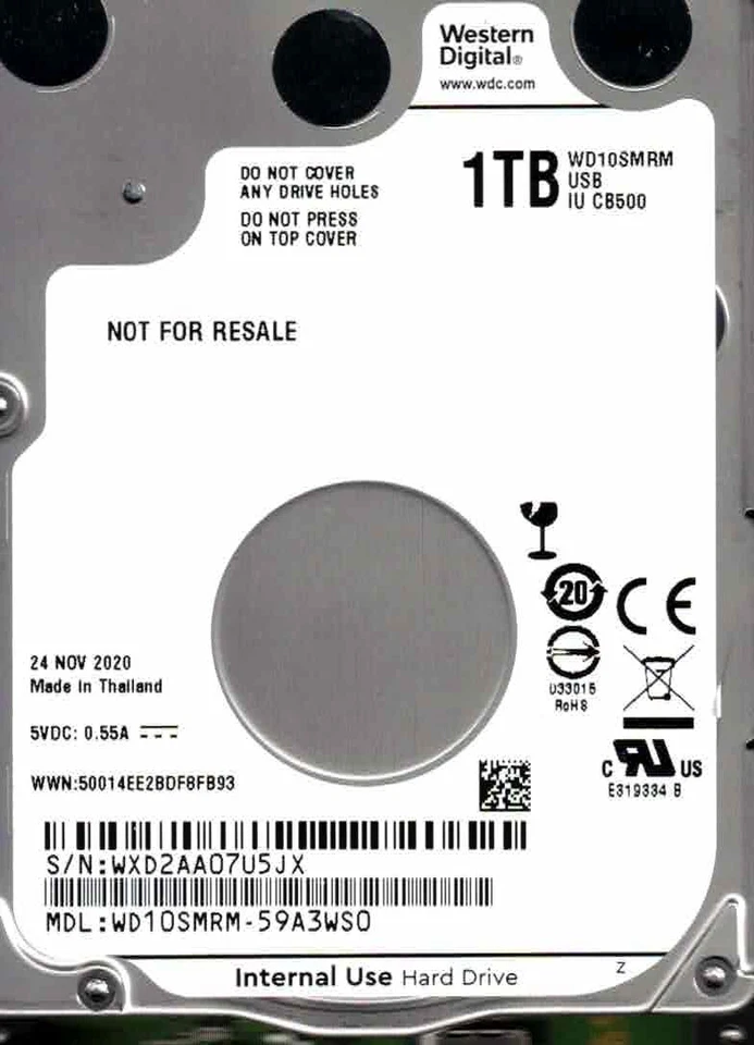 WD10SMRM-59A3WS0,   USB-C   WESTERN DIGITAL SATA 1TB  WXD2  NOV 2020 - Image 1 of 1