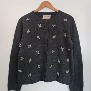 VTG Galyan's sweater Cardigan Lambswool Wool Charcoal Gray Embroidered 90s L XL - Picture 1 of 9