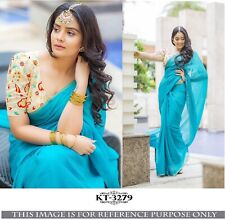 Women Indian Wedding Georgette Silk Blouse Saree Ethnic Wear Blue Sari Choli