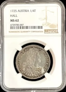 1725 HALL AUSTRIA SILVER 1/4 THALER CHARLES VI COIN NGC MINT STATE 62 PQ - Picture 1 of 2
