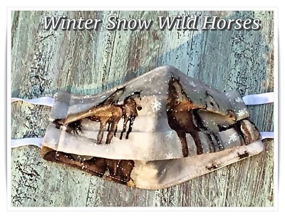 Handmade FACE MASK*Quilted Filter*Nose Wire USA*Winter Snow Wild Horses/Chickens - Image 1 of 3