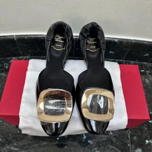 ROGER VIVIER BLACK PATENT LEATHER BALLERINA COMFY FLATS GOLD BUCKLE SIZE 39 NEW - Picture 1 of 8